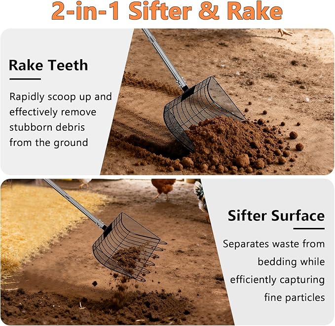 Chicken Poop Scooper & Rake, Stainless Steel Coop Scoop for Sand, Litter Sifting Shovel for Chickens, Adjustable Length 27" to 64"