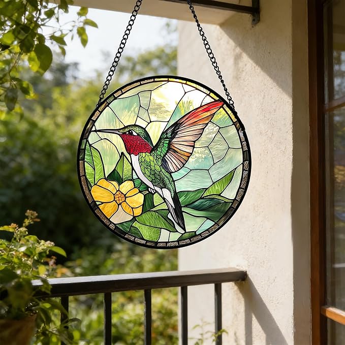 Stained Glass Window Hanging, Green Hummingbird Sun Catcher for Door Home Decor, Birds Suncatcher Christmas Mother's Day Birthday Gifts for Bird Lovers Women Men Mom and Nana 6.3 in