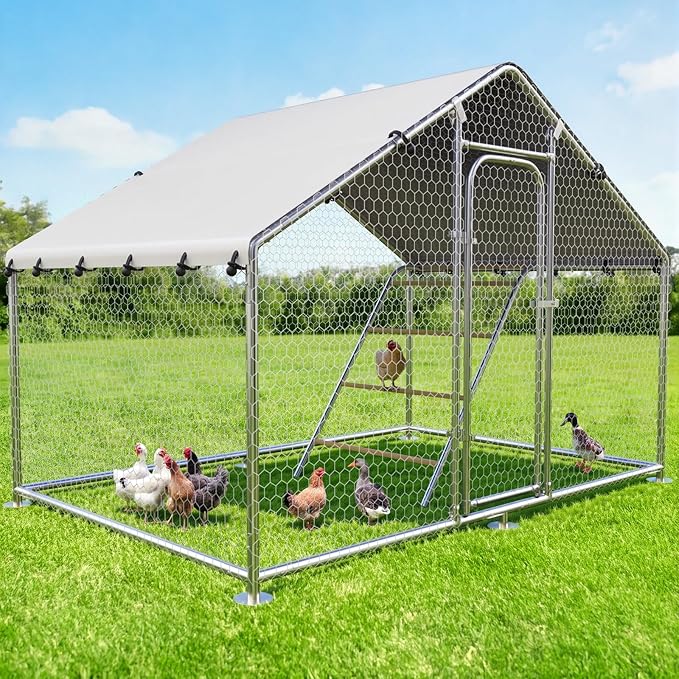 Large Metal Chicken Coop with Roosting Perch, UV-Resistant and Waterproof Cover, Chicken Run Outdoor Walk-in Cage Rabbit Duck Hen House for Yard Farm Use Spire Roof (10’ W x 4.9’ L x 6.4’ H)