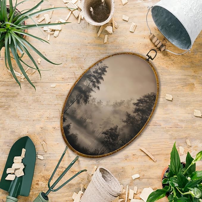 Hiuwevt Vintage Rustic Landscape Oval Wall Art Decor, Moody Farmhouse Framed Canvas Prints, Antique Neutral Landscape Oval Wall Hanging Decor for Bedroom Living Room Decorations, 8.6x11.4 Inches