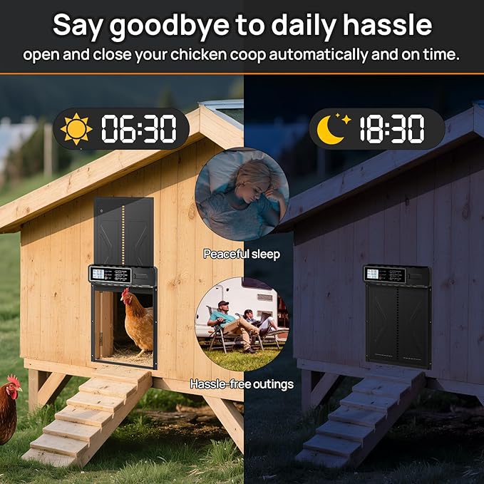 Automatic Chicken Coop Door with LCD Timer – Battery Powered Auto Open/Close, Predator-Proof Aluminum Hen House Door, Weatherproof, Easy Install, Timer-Controlled Coop Door