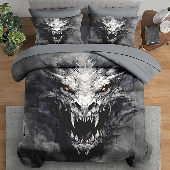 Comforter Set Full Size, Dragon Gray 7 Pcs Bedding for Kids and Adults, Dark Black Gray Bed Sheet Sets with Fitted Sheet 2 Pillowcases & 2 Shams for Bedroom Bed Decor
