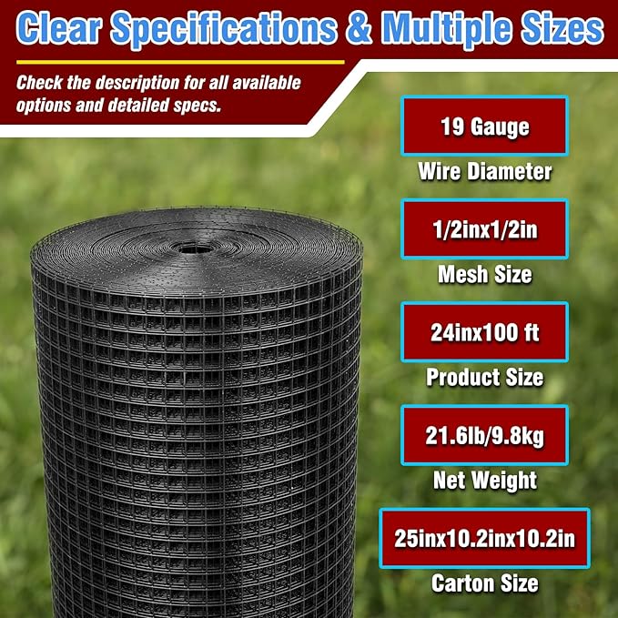 Black Hardware Cloth 1/2inx24inx100ft, 19GA, Chicken Wire Fencing Roll, Black Chicken Wire Mesh, Vinyl PVC Coated Welded Wire Mesh for Chicken Coop Barrier, Rabbit Snake Poultry Fences