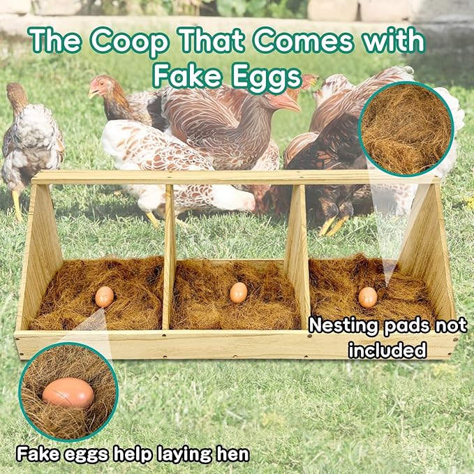 Chicken Nesting Boxes, 3 Compartment Wooden Chicken Laying Boxes, Nesting Boxes for Chickens, Hens, Ducks, Poultry Nest Box for Laying Eggs, Includes 3 Fake Eggs