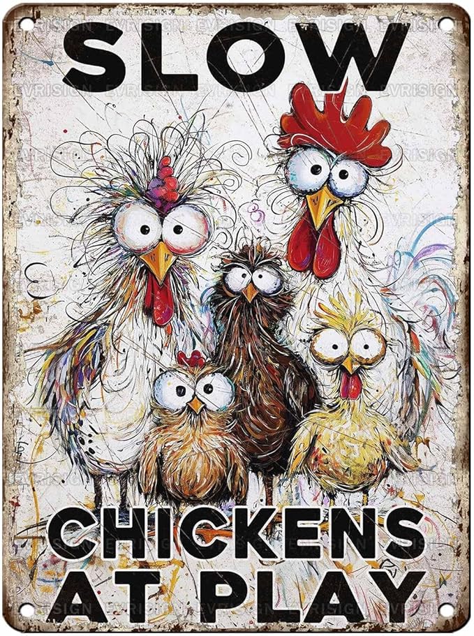 Slow Tin Sign Chickens at Play Vintage Hen Rooster Metal Sign Nostalgic Rustic Chicken Lovers Wall Decor Decorations for Home Farmhouse Poultry House Coop Yard 16 * 12In