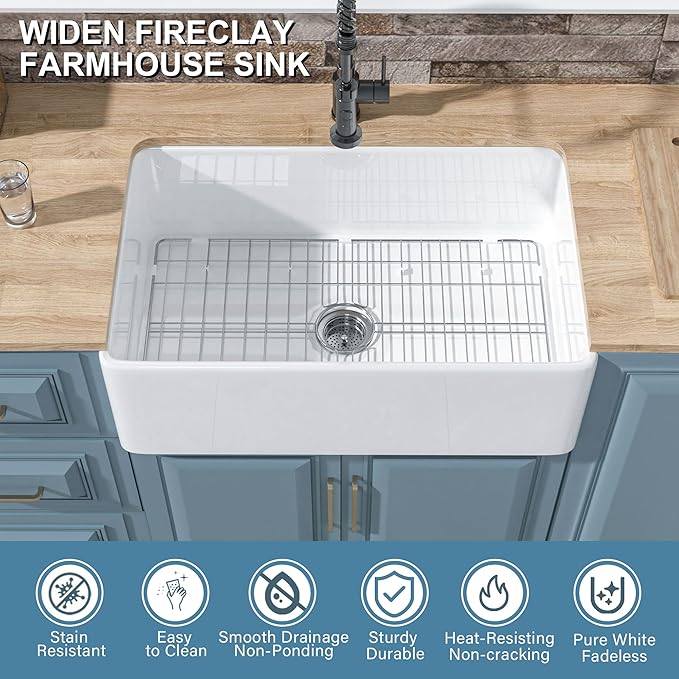 White Farmhouse Kitchen Sink 30 x 20 Inch, Firecaly Apron Front Undermount Farm Sink Deep Single Bowl for Kitchen, w Custom Accessories 2 Types
