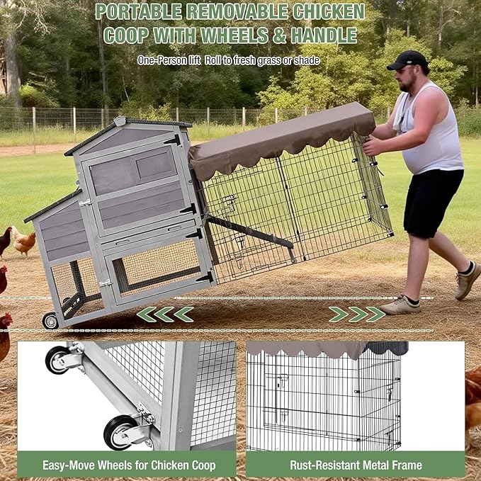 Large Mobile Chicken Coop with Run, 79" Outdoor Wooden Poultry Cage on Wheels, All-Steel Frame Hen House, Waterproof Roof, Nesting Box, for 4-6 Chickens