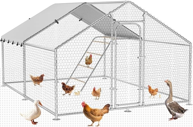 Large Metal Chicken Coop with Waterproof and UV-Resistant Cover,Chicken Run Outdoor Walk-in Cage Rabbit Duck Hen House for Yard Farm Use Spire Roof (10’ W x 9.9’ L x 6.4’ H)