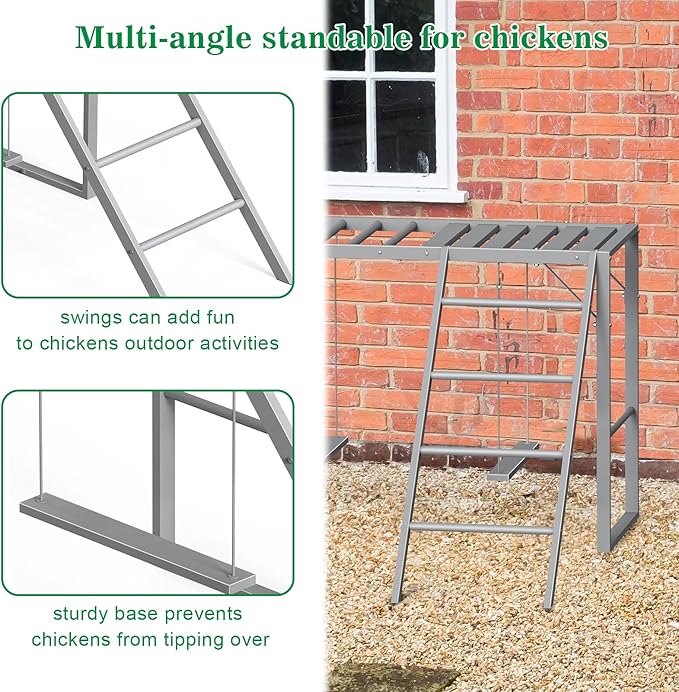 Chicken Perch Swing, Chicken Roosting Bars with Ladder for Coop, Metal Pet Swing Set for Pet's Healthy & Happy for 8-10 Chick, Grey