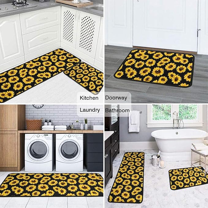 Roszwtit Sunflower Kitchen Rugs and Mats Set of 2, Black Sunflowers Non-Slip Backing Kitchen Rug, Kitchen Sets Low-Profile Washable Floor Mat for Home Kitchen Decor - 17x29 and 17x47 Inch