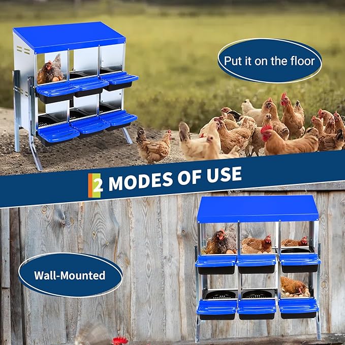 6-Hole Chicken Nesting Box, Roll Away Nest with Removable Tray, Rustproof Galvanized Steel, Easy Egg Collection & Cleaning, Wall-Mount Design - Blue