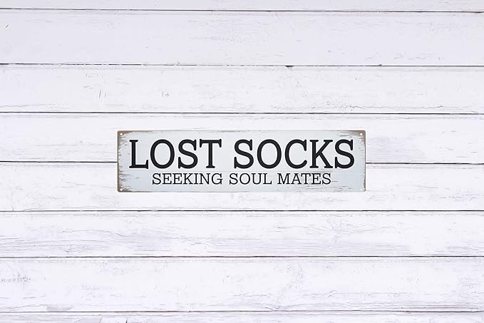 Lost Socks Seeking Soul Mates Metal Sign 4x16in Humorous Plaque for Laundry Room Wall Decor