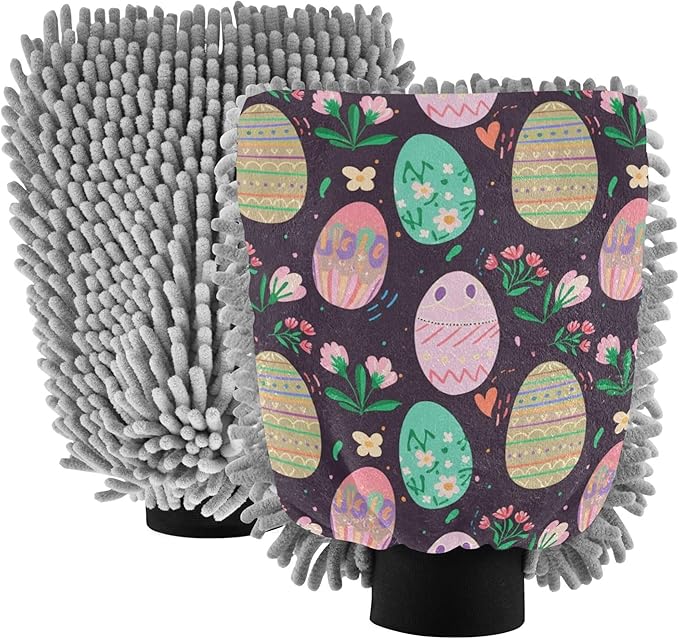 Washing Mitts Car Wash Pastel Colorful Easter Eggs Floral Auto Car Washing Sponges & Mitts Soft Scratch Free Absorbent Microfiber Chenille, Large x 2 Pack