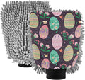 Pastel Colorful Easter Eggs Floral Wash Mitt Car Washing Absorbent Microfiber Chenille Pad Car Wash Sponge Mitts Soft Non Scratch, Medium x 2 Pack