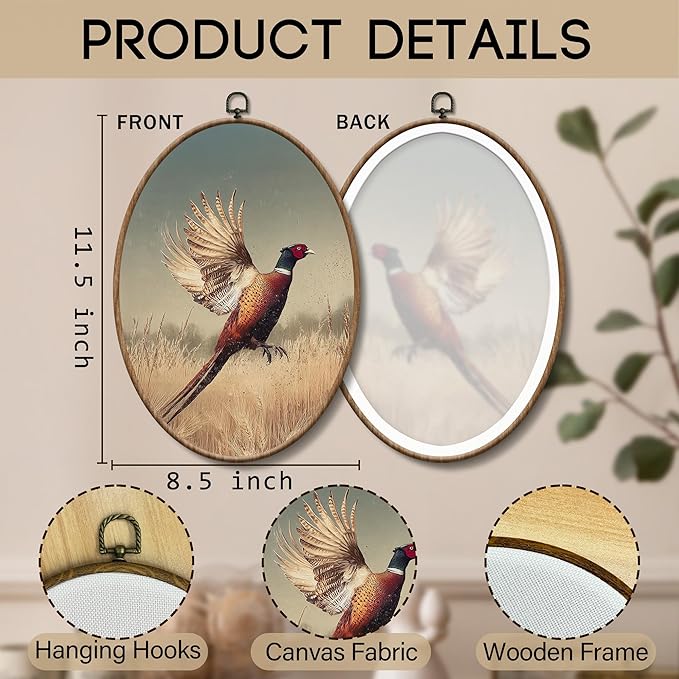 Yorhifa Vintage Flying Pheasant Framed Wall Art, Cottagecore Pheasant Field Oval Wall Art, Rustic Bird Hunting Oval Walls Decor, Country Bird Animal Canvas Artwork Hanging Decor, 8.5x11.5in
