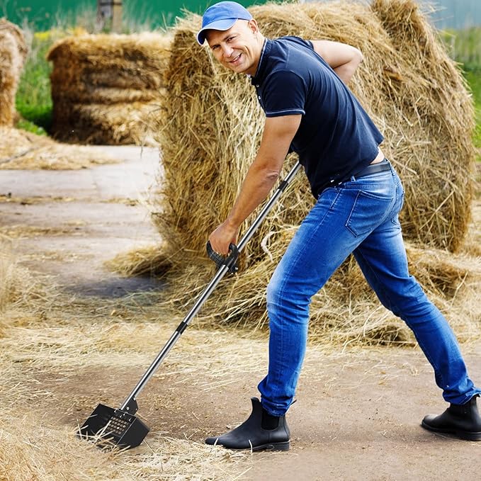 Zoned Sifting Chicken Manure Scoop - 3-in-1 Rake & Sifter with Adjustable Stainless Handle Chicken Poop Shovel for Stand-Up Coop Cleaning, Cat Litter, Beach Sand & Horse Stall, Black