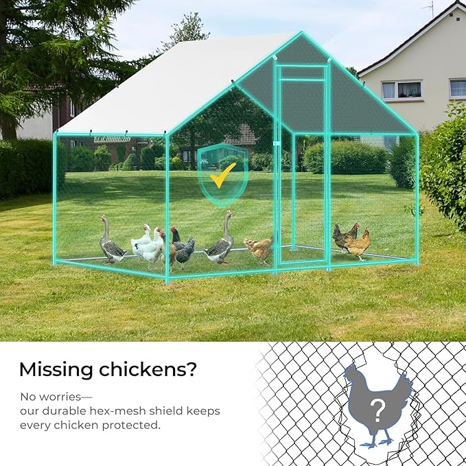 Chicken Coop Large Size for 6/12 Chickens with Waterproof Cover and Metal Wire Mesh Chicken Run Extra Hight Walk-in Chicken Pen Outdoor for Ducks Rabbits (9.8'L × 4.9'W × 6.5'H)