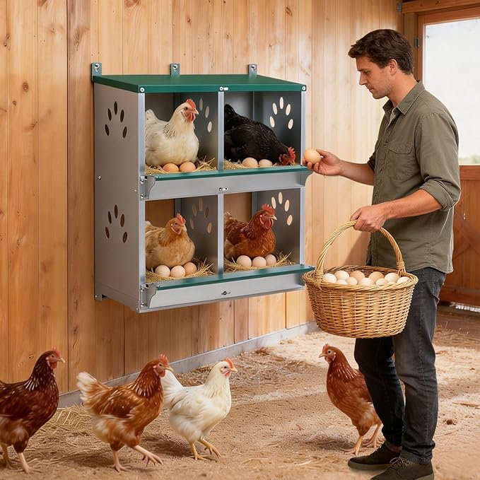 EAGLE PEAK 4-Hole Wall Mounted Chicken Nesting Box, Roll Away Hen Laying Box with Sloped Roof & Easy Clean Tray, Galvanized Steel for Backyard Chicken Coops (Green)