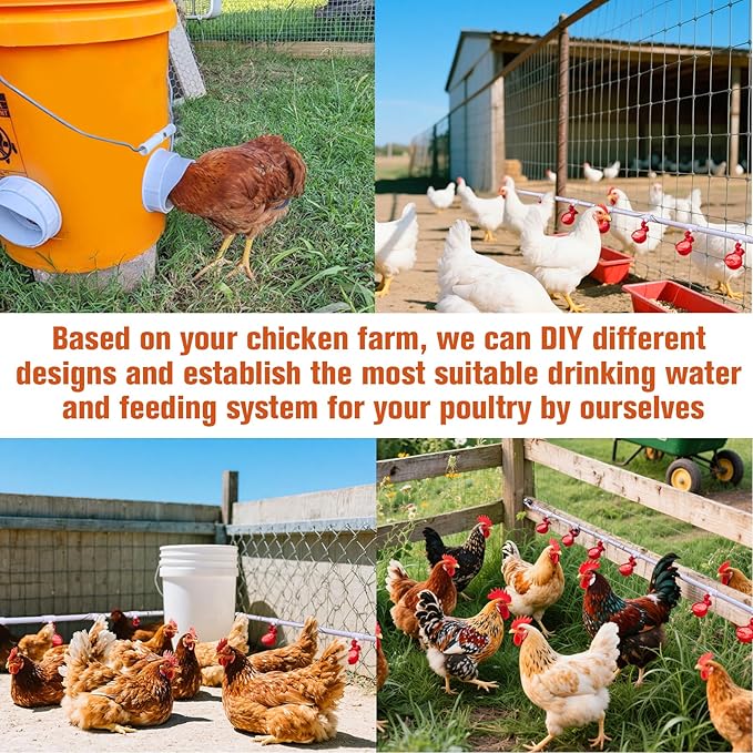 Complete Set Pipeline Automatic Chicken Waterer System(63Accessories Included) Chicken Feeder and Waterer Set,Poultry Waterer,with PVC Pipeline,Float Valve and Garden Hose