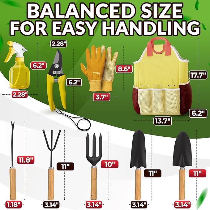 Compact Gardening Tool Set of 9 - Mini Garden Kit for Women with Multiple Pockets, Rust-Proof Steel Planting Tools for Gardeners - Portable Garden Tool Bag, Outdoor and Indoor Gardening Kit for Women