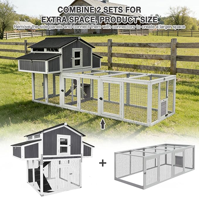 Large Chicken Coop for 6-8 Chickens, Double Folding Wooden Chicken House with 2 Nesting Boxes, Reinforced Iron Frame, Pull-Out Tray & Waterproof Roof, Outdoor Poultry Cage-(Black)