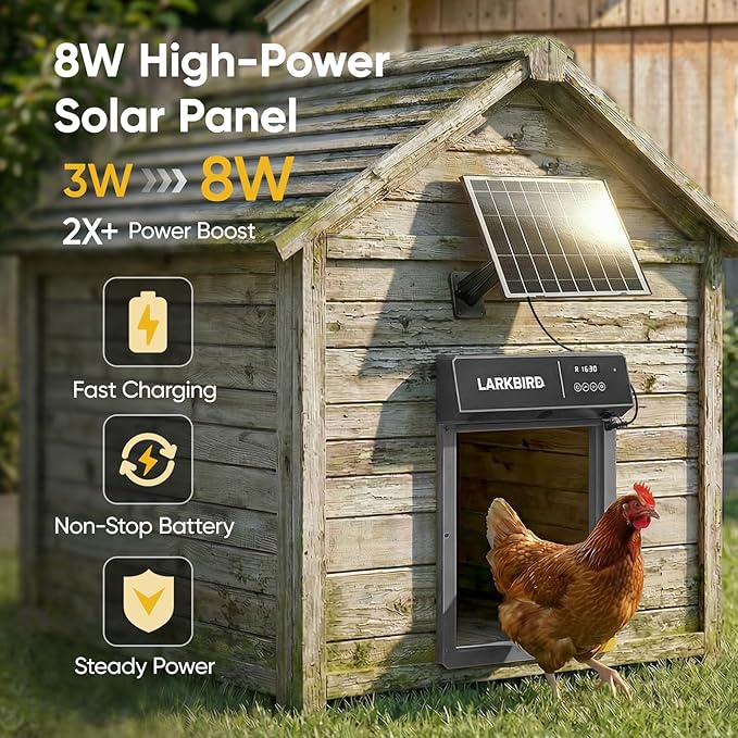 Larkbird Upgraded Automatic Chicken Coop Door Solar Powered, Auto Chicken Door with App Control, Custom Audio Recording, Timer & Light Sensor, Anti-Pinch Design