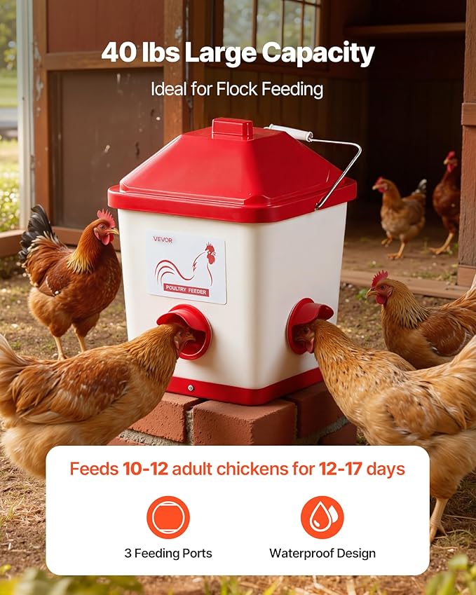 VEVOR Automatic Chicken Feeder, 40 Pounds Capacity, Large Gravity Hanging Poultry Feeder Dispenser with Handle, No Waste Rainproof Design, 3 Feeding Ports, Inside or Outside Hen Coop, for Chickens