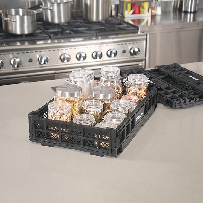 Restaurantware Plastic Milk Crates for Storage - Cater Tek Stackable Storage Buns for Organizing - Collapsible Storage Basket for Groceries, Black