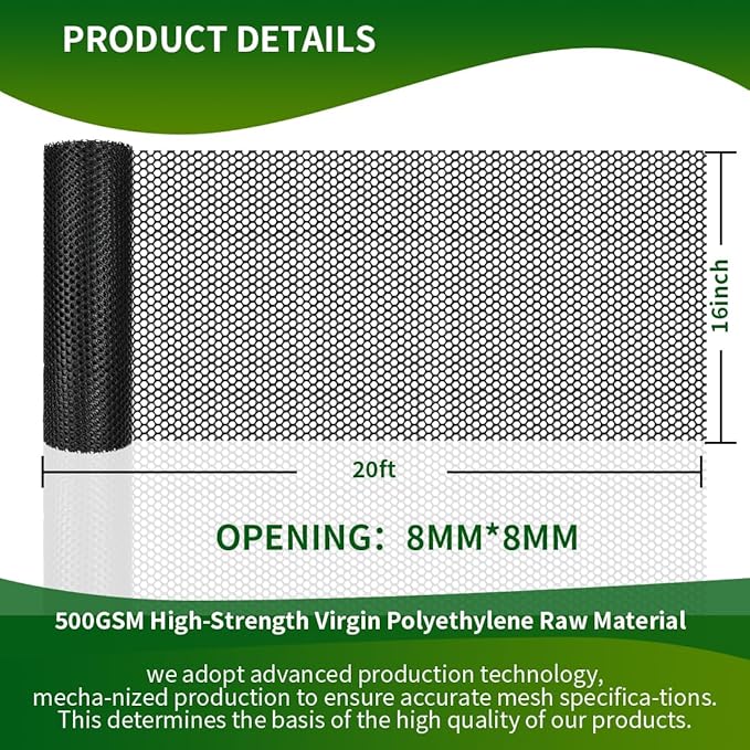 Plastic Chicken Wire Mesh Fence,Plastic Chicken Wire Roll 16in x 33ft,Garden Netting Fencing Barrier for Poultry, Animals, Pets and Balcony(Black)