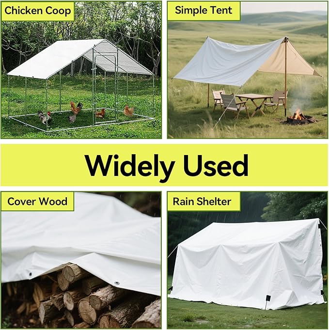 Klmnop Chicken Coop Cover, Waterproof 11.8 x 6 ft Chicken Coop Tarp Cover for Winter with Ball Bungees Cords for Large Coops, Walk-in Chickens Run Pen, Chicken Run(White)