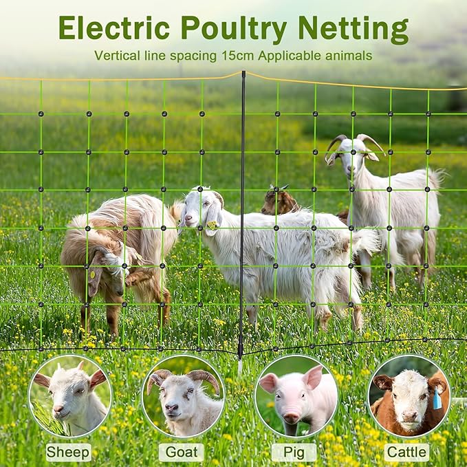 Electric Poultry Netting, Solar Powered Electric Fence, Portable Livestock Nets Mesh with 14 Posts Double Spiked, Electric Fencing for Backyards, Farms, Ranches, Gardens,108cmH