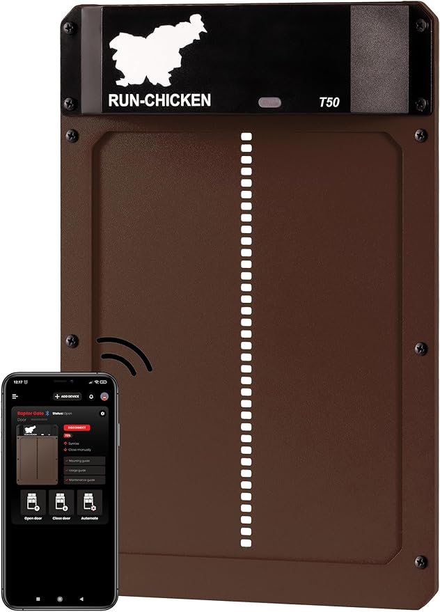 RUN-CHICKEN Door T50 – Automatic Chicken Coop Door Opener, Battery Powered & Weatherproof Aluminum, Smart App & Timer Control, Predator Proof, Easy Install, Reliable All-Season Performance (Brown)