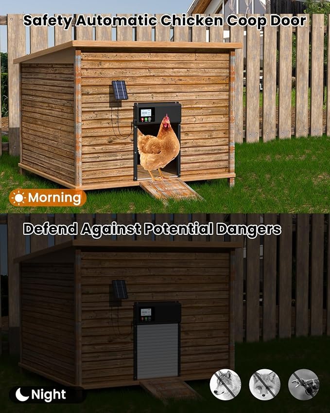 2025 Upgraded Solar Powered Automatic Chicken Door, WiFi Remote Control Chicken Coop Door, with LCD Display & Timer & Light Sensor, Chicken Door with Anti-Pinch Design