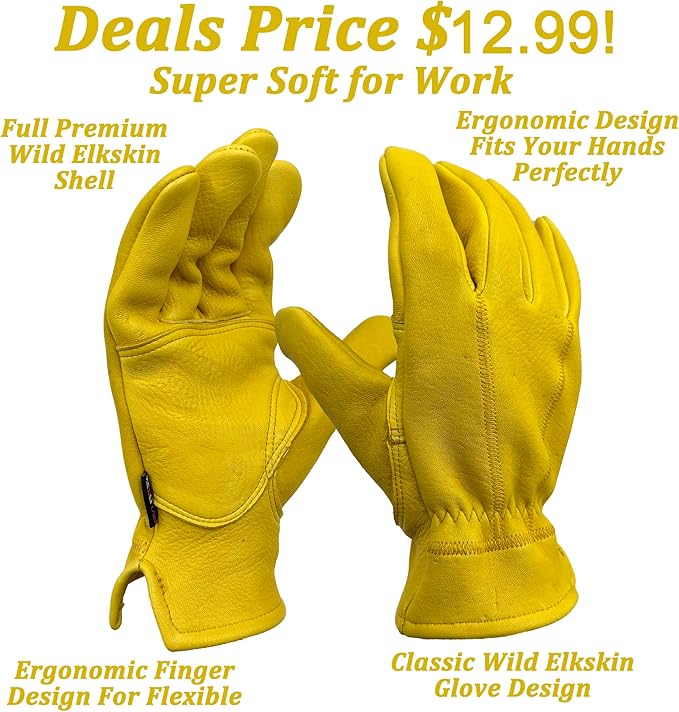 SKYDEER Full Premium Wild Elkskin Leather Work Gloves for Men, Durable for Heavy-Duty Labor, Construction, and Garden SD8826