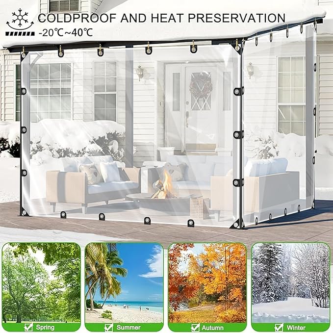 Clear Tarps Heavy Duty Waterproof -4.9ft x 17.7ft Clear Tarps with Grommets - 110g/㎡ Thickened Transparent Plastic Vinyl Tarp for Patio Porches Greenhouse Chicken Coop Cover, with Fixed Accessories