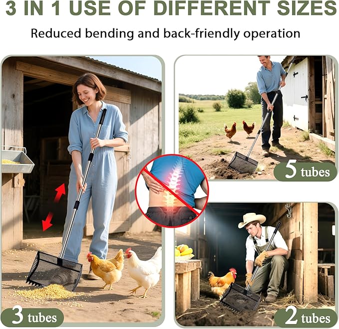 XOTTI 12 Inch Large Chicken Poop Scooper & Rake 2-in-1, Metal Chicken Coop Scoop with 36 to 75" Adjustable Stainless Steel Handle, Durable Sand Litter Sifting Shovel for Farm Animals