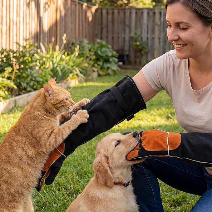 Leather Welding Sleeves,Work Gloves with Palm Reinforcements,Bite Proof for Animal Handling