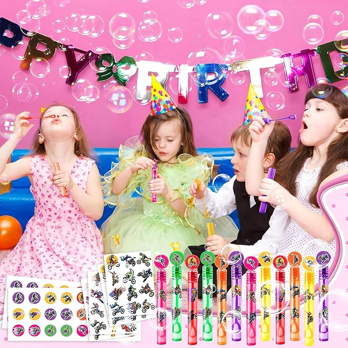 24PCS Dirt Bike DIY Bubble Wands with 96PCS Stickers - Party Favor for Goodie Bags, Pinata Stuffers, Mini Bubble Bulk Farm Birthday Supplies, Toys Gifts, Class Prizes for Toddlers, Boys & Girls