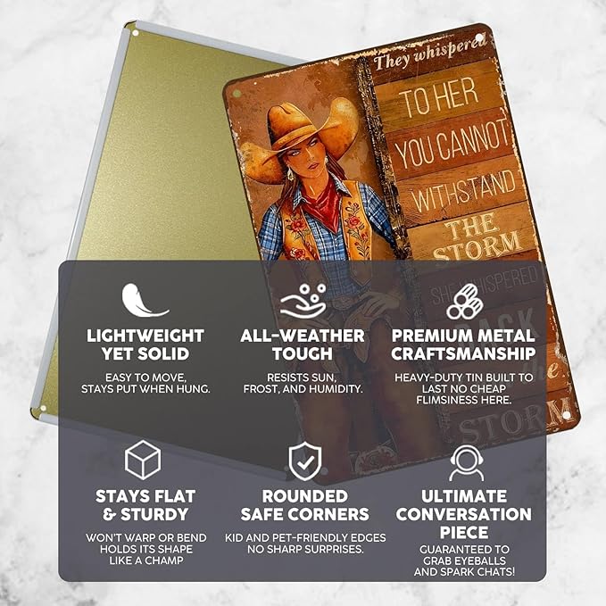 Vintage Cowgirl Tin Sign They Whispered To Her You Cannot Withstand The Storm Retro Inspirational Metal Poster Rustic Western Plaque Wall Decor For Home Bedroom Cafe Kitchen Bar 12 * 8In
