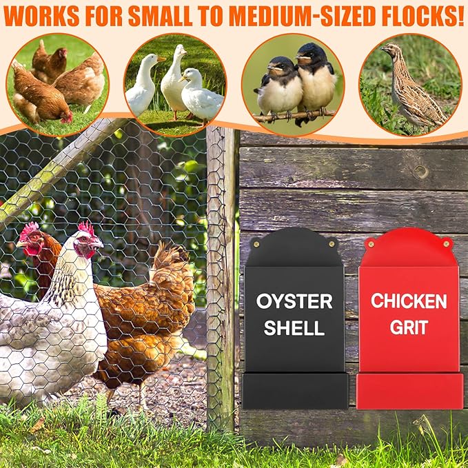 2PCS Heavy Duty Chicken Grit Oyster Shell Feeder - No Waste & No Mess, 6'' x 10'' Rust-Proof Metal Automatic Poultry Feeder, Gravity-Fed Hanging Feeder for Coop, Ducks, Pigeons, Dove