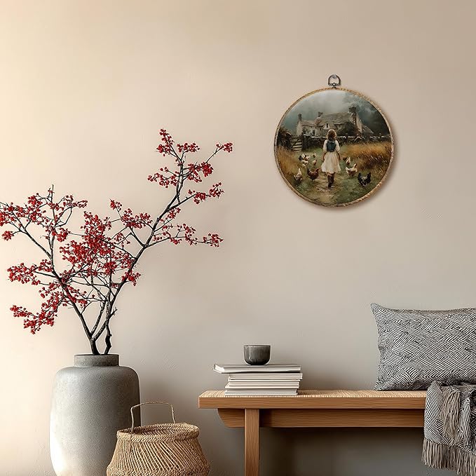 Pugwak Vintage Rustic Farmhouse Round Wall Art Decor, Farmhouse Farm Little Girl Chicken Canvas Art Framed, Cottagecore Country Artwork Wall Hanging Decor for Home Bedroom Living Room, 10x10in