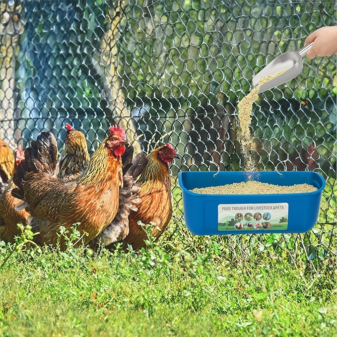 10 Pack Fence Feed Feeder 4.5 Quart Hanging Chicken Feeder Trough with Brush & Scoop Blue Goat Hanging Fence Feeders Feeder with Hooks Screws & Zip Tie for Livestock Feeding Container Goats Supplies
