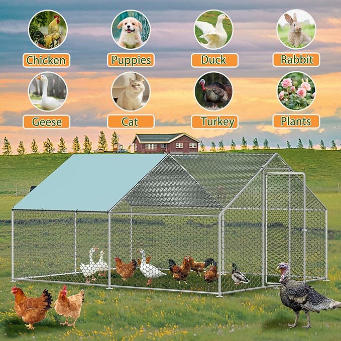 Sunny Heart Large Chicken Coop Run with Immersed Wire Mesh, Metal Chicken Coop for 6 Chickens Heavy Duty Chicken Run in for Yard with Waterproof Cover and Secure Lock -4M(158''X 77''X118'')