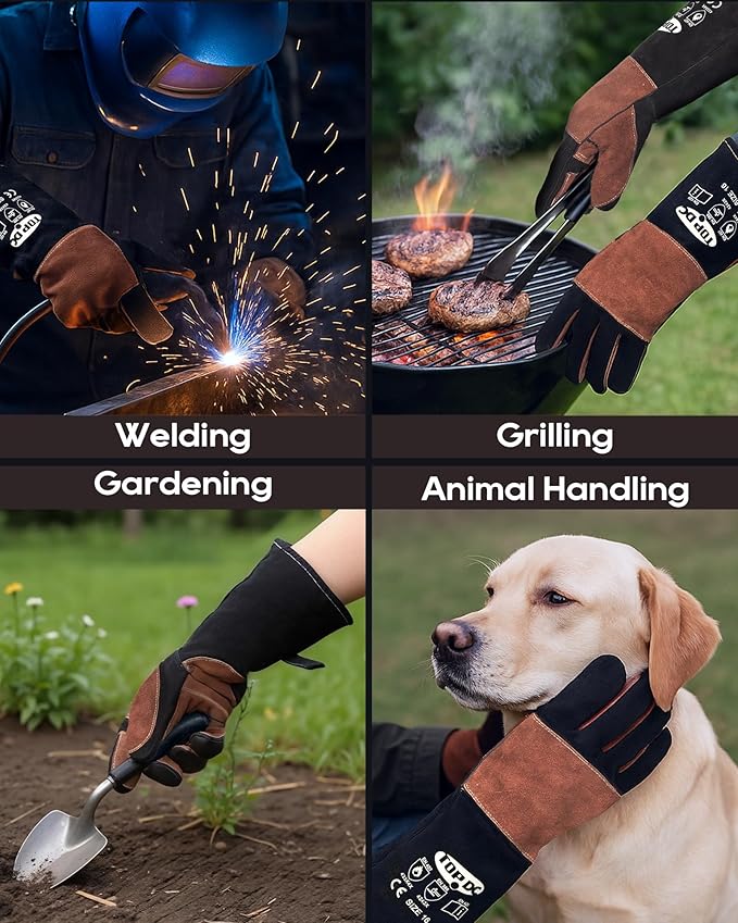 TOPDC Welding Gloves 16Inch 1000℉Heat/Fire Resistant Reinforced Leather Fireproof Gloves with Kevlar Stitching for Mig, Tig, Stick, Forge, BBQ, Grill, Oven, Fireplace, Furnace, Animal Handling, SMALL