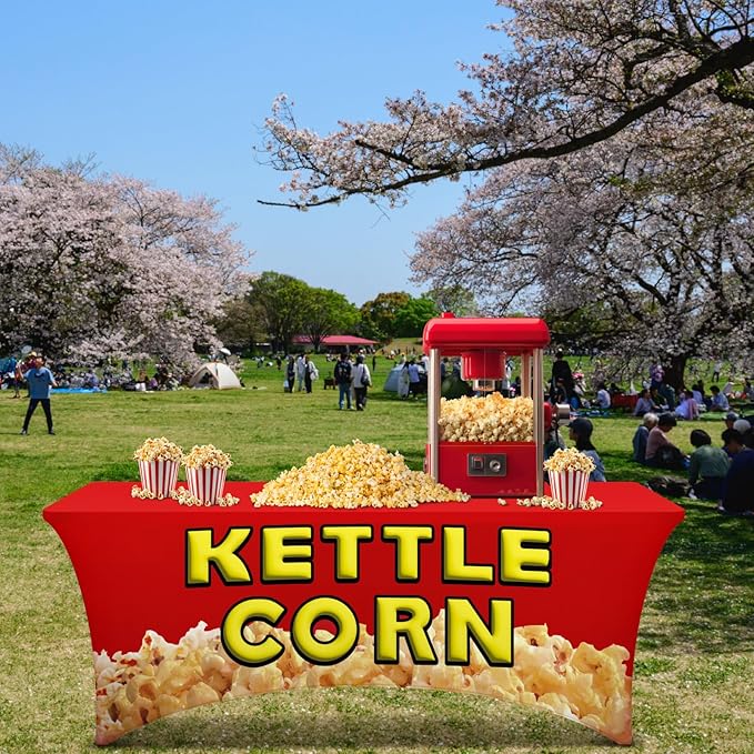 Oudain 6 ft Kettle Corn Stand Tablecloth Elastic Spandex Popcorn Rectangle Table Cover Kettle Corn Banner Sign Table Cloth for Business Advertising Carnivals Party Outdoor Concession Stand