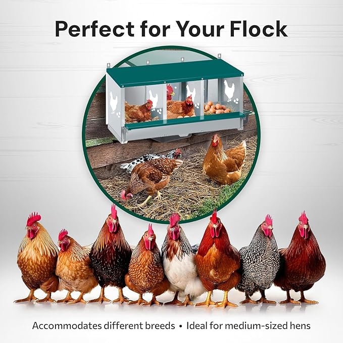 Chicken Nesting Box 3 Compartment with 10 Pet Moisture Pads and 4 Fake Eggs Roll Away Egg Collection, Perch, Lid Cover for Egg Protection - Wall Mount Nest Box for Chickens, Hens, Ducks