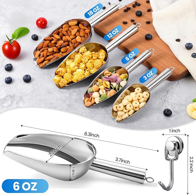 6oz Stainless Steel Ice Scoop for Freezer with Magnetic Hook – Dishwasher Safe Ice Scooper for Ice Machine – Metal Scoop for Ice Bucket, Dog Food, Flour, Canisters