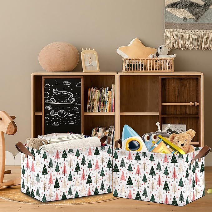 Christmas Tree Collapsible Storage Box,Winter Organizer Bin with Handles for Room Decoration,Bins Book Basket Box 17x11.5x10Inch