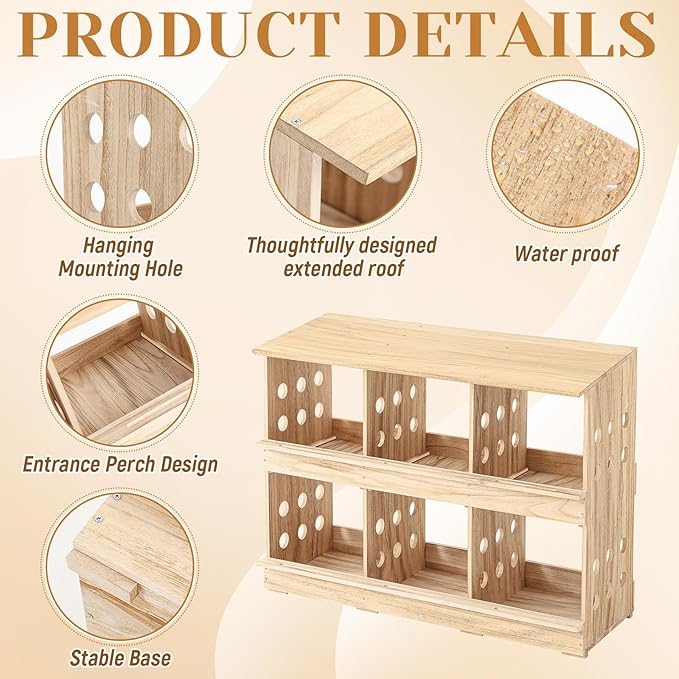 Nesting Boxes for Chickens 6 Compartments Chicken Nesting Boxes with Perches Wall Mount Wooden Ventilated Egg Laying Box Easy to Assemble for Hens, Ducks, Chicken Coop