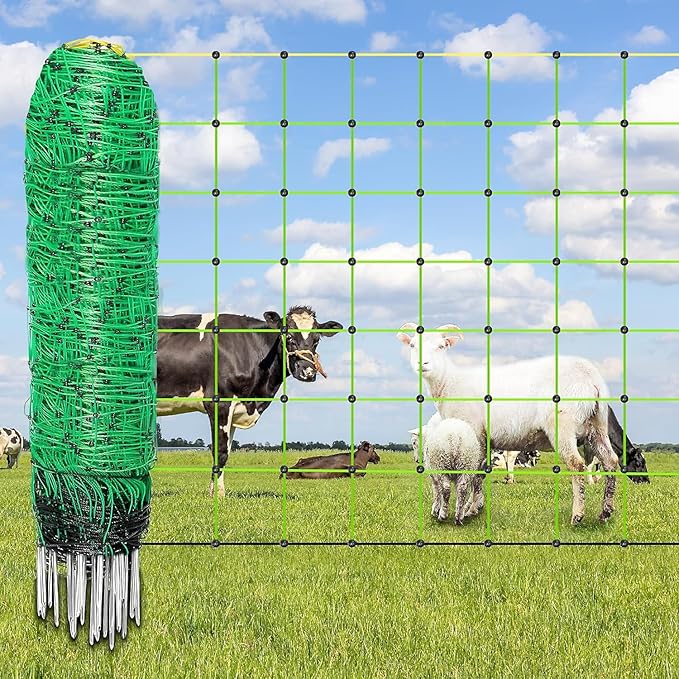 Electric Fence Kit, Solar Powered Electric Netting, Portable Livestock Nets Mesh, Electric Poultry Netting with 14 Posts Double Spiked, for Farms, Backyards, Ranches, 35.4" *164'